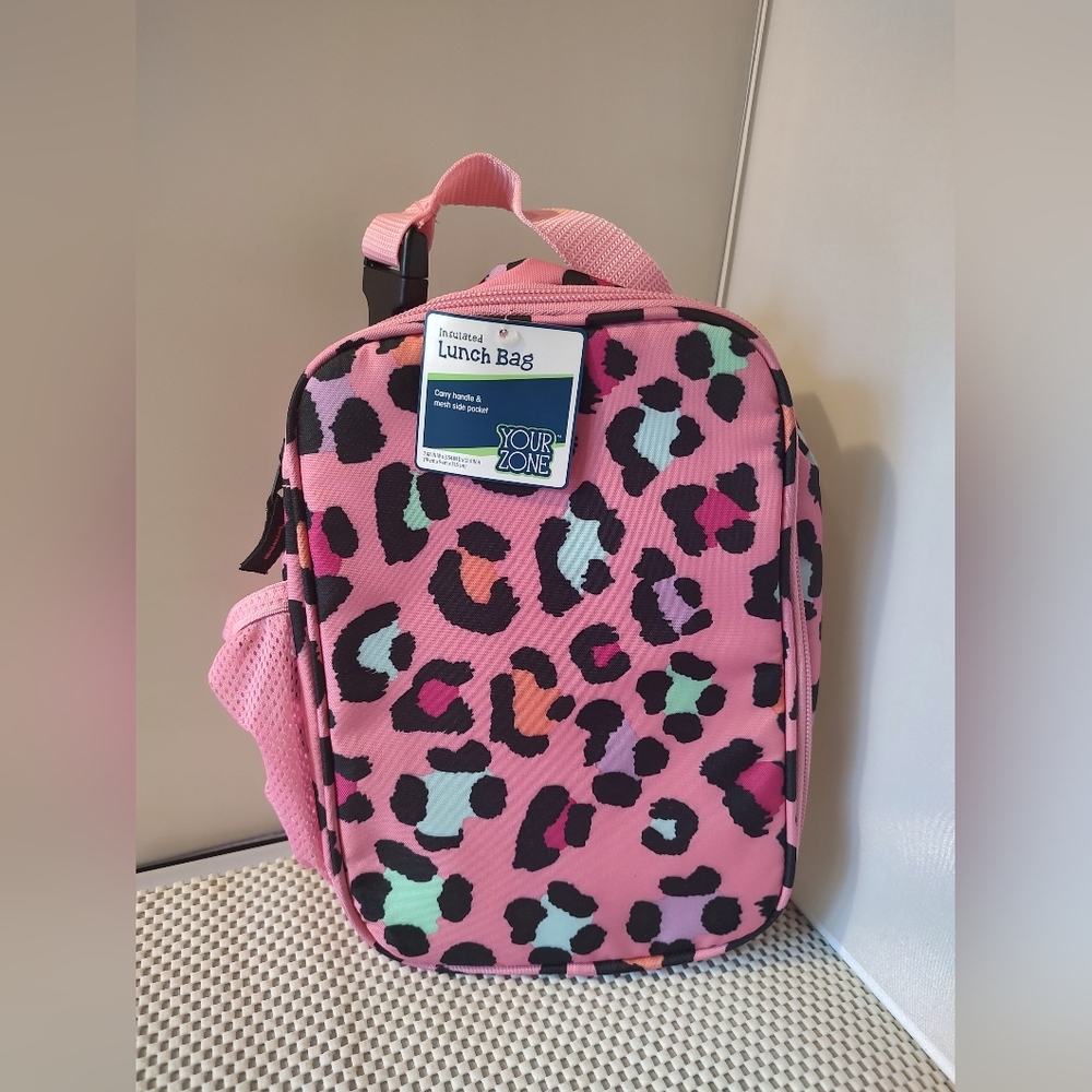Your Zone Pink Leopard Print Insulated Polyester Reusable Lunch Bag NWT